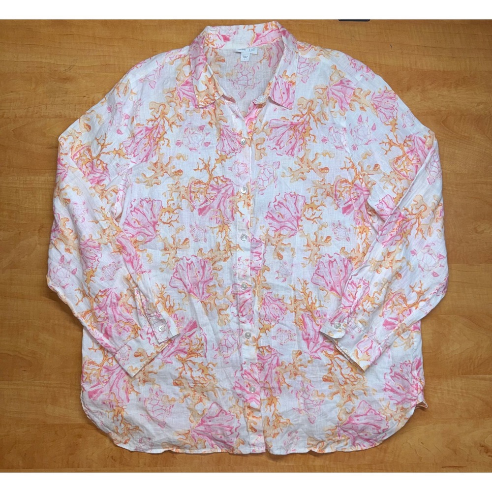 J. Jill Love Linen‎ Pink Orange Coral Shell Sea Turtle Print Button Down Shirt L